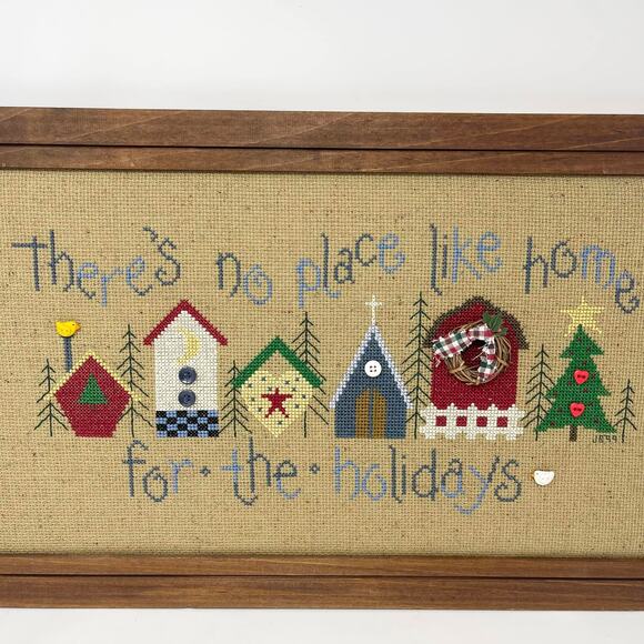 Framed Handmade Cross Stitch Home for the Holidays Tan w/Blue Red Green Yellow‎ - Picture 2 of 9